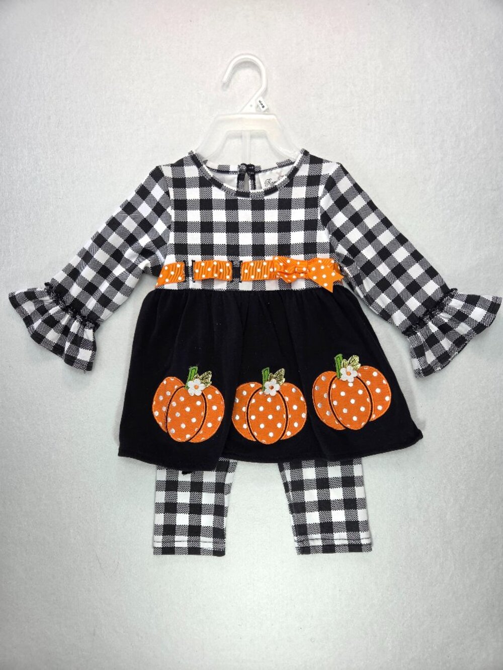 Rare Editions Black White Buffalo Plaid Pumpkin Dress Leggings Set Girls Sz 12M
